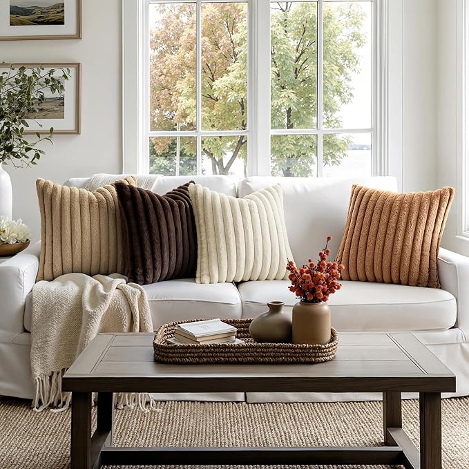 MIULEE Faux Fur Plush Decorative Throw Pillow Covers 20x20, Brown | Set of 4, Fall, Striped, Soft Boho Farmhouse Rustic Cozy Home Decor, Cushion Cases for Sofa Couch Bed Living Room
