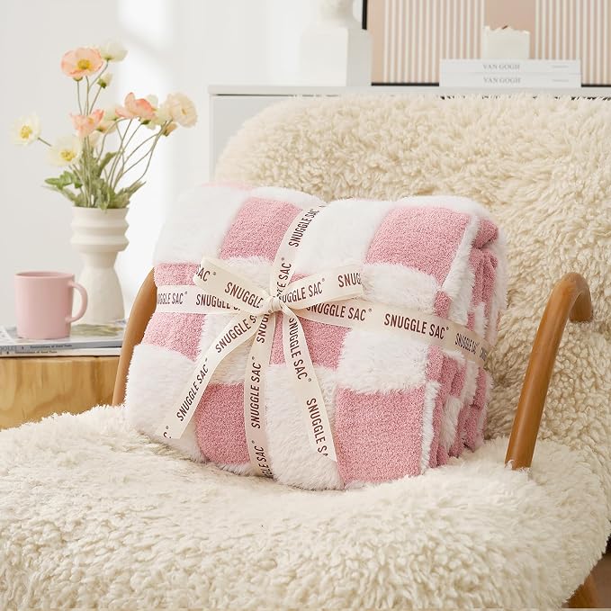 Snuggle Sac Pink Checkered Throw Blanket Faux Fur Microfiber Blankets for Couch,Cozy Soft Warm Blanket for Sofa Bedroom Living Room,Pink Checker,50x60 inches