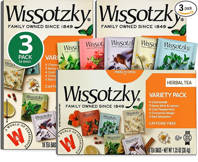 Wissotzky Herbal Variety Pack Tea Assortment, (3 Pack - 54 Tea Bags) | Caffeine Free | Herbal Tea Sampler