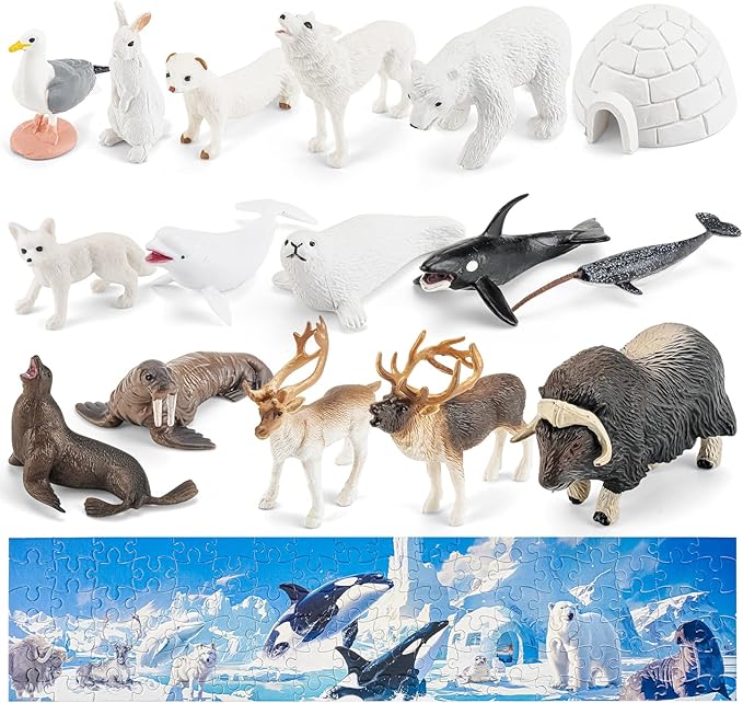 Arctic Animals Figurines Toys - 16PCS Winter Polar Animals Figures & 108 PCS Large Arctic Jigsaw Puzzles Toys for Preschool Kids Toddlers Ideal Gift for Boys and Girls