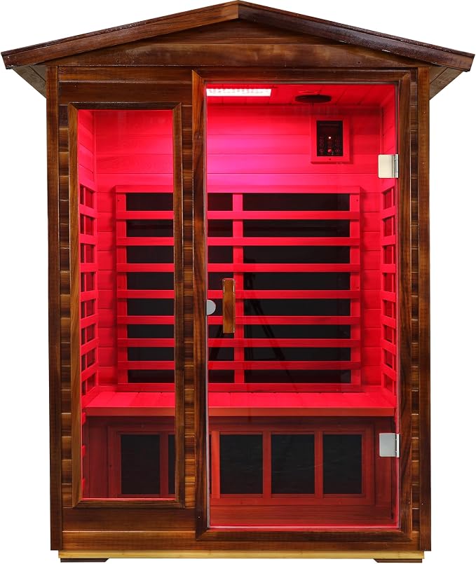 Full Spectrum Ultra-Low EMF Outdoor Sauna 2 Person, Red Cedar Far Infrared Saunas for Home, Near&Mid-IR Light, EMF 0.1-1.5mG, Bluetooth & Chromotherapy