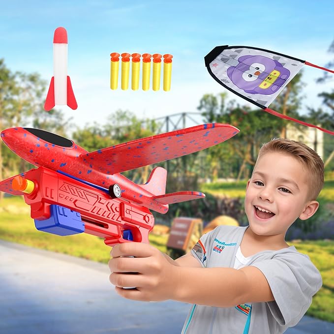 5PCS Airplane Launcher Toys, EVA Foam Glider Catapult Plane Toy for Kids Flying Toy - Fun Outdoor Flying Toy for Children Birthday Gifts for Boy Girl, Party Supplies,Red