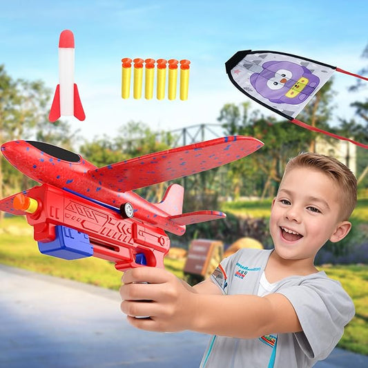 5PCS Airplane Launcher Toys, EVA Foam Glider Catapult Plane Toy for Kids Flying Toy - Fun Outdoor Flying Toy for Children Birthday Gifts for Boy Girl, Party Supplies,Red