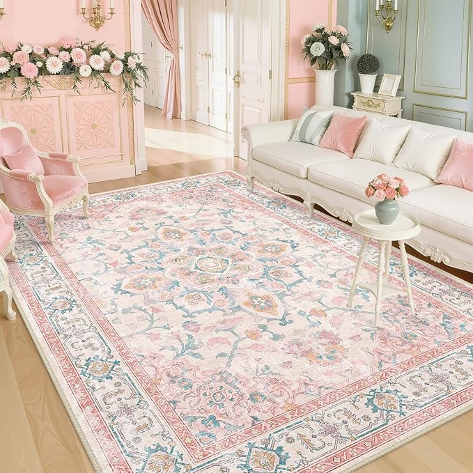 CAPALOCA 6x9 Washable Nursery Girls Low Pile Area Rug Pink Teal | Non-Slip Soft Rugs for Bedroom Kids Playroom Living Room, Print Pattern Water Repellent Carpet Indoor Decor