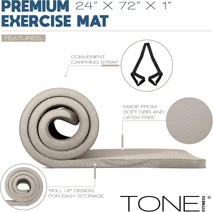 Tone Fitness 1-Inch Thick Yoga Mat | High-Density, Non-slip Exercise Mat with Carrying Strap for Yoga, Pilates, & Home Gym Workouts | Multiple Options