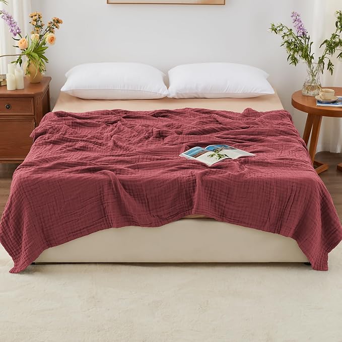 Love's cabin 100% Cotton Muslin Blanket, 6 Layer Lightweight Breathable Gauze Queen Size Blanket 90 x 90 Inches, Soft All Season Blanket for Bed, Wine Red