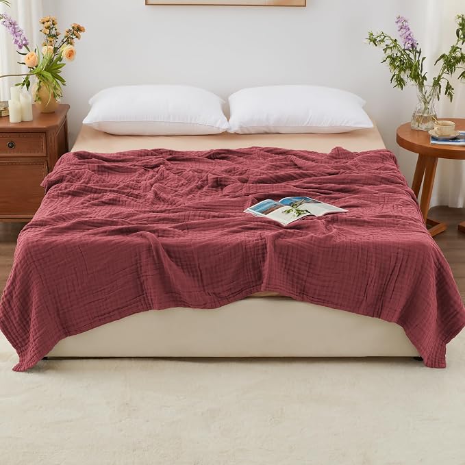 Love's cabin 100% Cotton Muslin Blanket, 6 Layer Lightweight Breathable Gauze King Size Blanket 108 x 90 Inches, Soft Summer Blanket for Bed, Wine Red