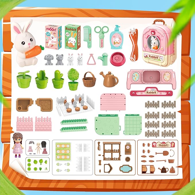 SMILESSKIDDO Pet Carrier Backpack Toy, 3 in 1 Care Playset, Pretend Play Accessories & Hair Dryer Toy, Rabbit Role Play Set for Girls Ages 3+