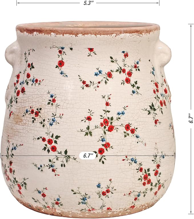 Shabby Chic Vase & Flower Pot with Drainage, 6.68" Ceramic Vases Pottery | Indoor/Outdoor Planter, Country Chic Decor, Perfect for Office Room Garden Balcony Mantel Fireplace Table & Shelf, Red Floral