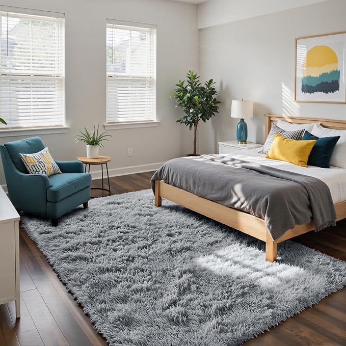 Fluffy Rug Shag Area Rug, Light Grey 5x8 Area Rugs for Bedroom, Small Bedside Rug, Soft Fluffy Shag Entryway Throw Rugs for Living Room Bedroom Room Home Decor
