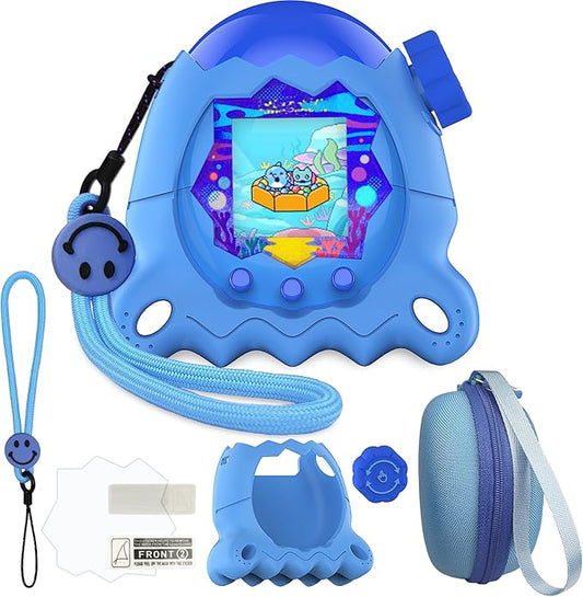 JCHPINE Hard Case and Silicone Cover for Tamagotchi Paradise Electronic Pet, Protective Cases for Tamagotchi Paradise with Screen Protector and Lanyard (Blue)