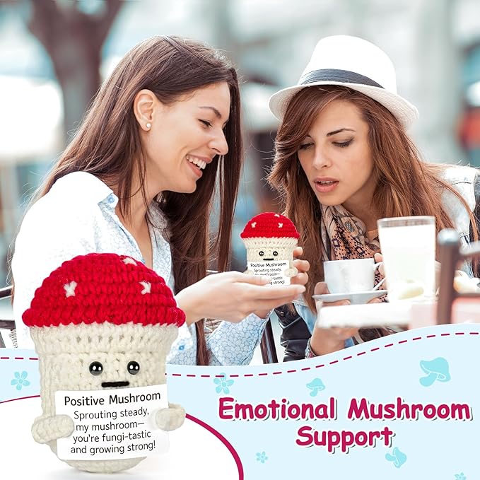 Emotional Support Crochet, Positive Crochet Mushroom, Encouragement Gifts for Women Men Birthday Christmas Self Care Friends Coworkers Relaxation Gift Desk Home Fall Decor Inspirational Support