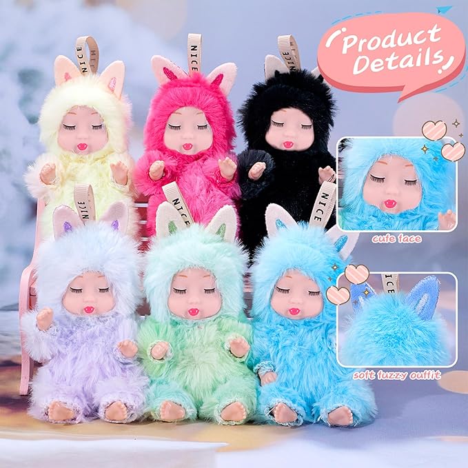 Adorable 6 Pack Plush Sleeping Doll Set with Hanging String, 4-Inch Colorful Collection