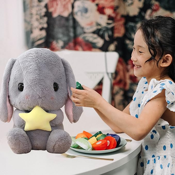 HOUPU Soft Toy - Sitting Lop Eared Rabbit, Easter White Rabbit Stuffed Bunny Animal with Carrot Soft Lovely Realistic Long-Eared Standing Pink Plush Toys (Gray-Star,25.5in/65cm)