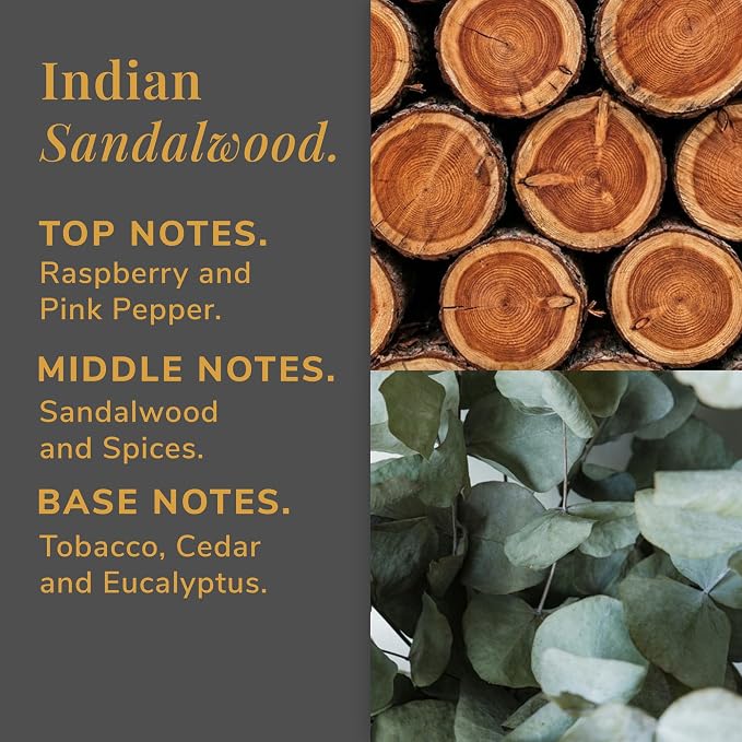 Indian Sandalwood Aromatherapy Candle – Sandalwood, Raspberry & Tobacco Scented Candle, Plant-Based Wax, 9.8 oz, 50 Hour Burn Time, Warm & Woody Candle