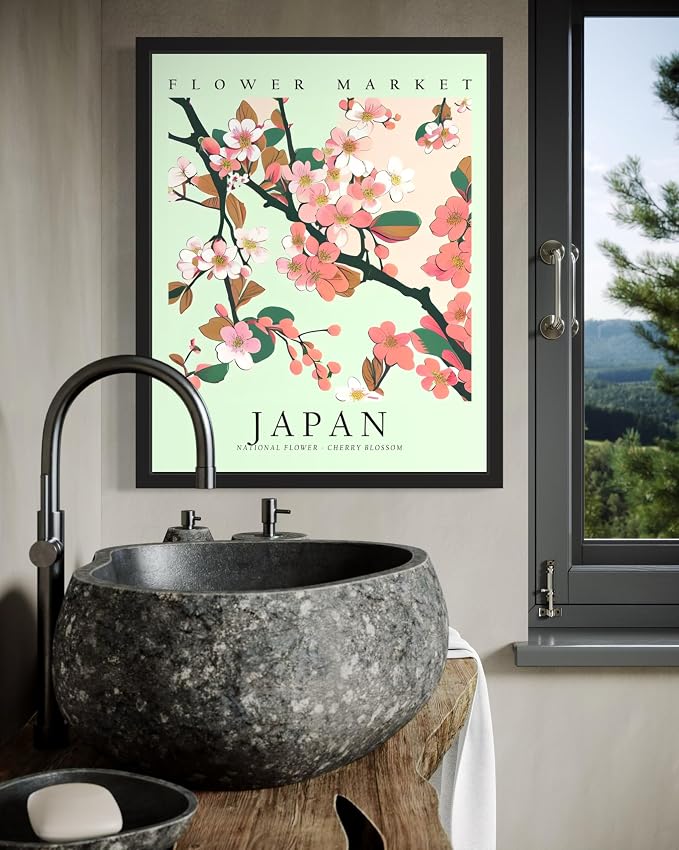 Japan, Cherry Blossom Art Print Poster, Flower Market Wall Art, Floral Artwork Decor for Bedroom, Kitchen, Bathroom, Livingroom Decoration 52 (Japan, Cherry Blossom, 10"L x 8"W, Unframed)