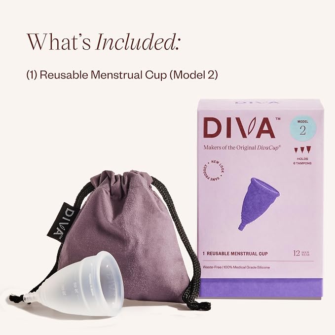 DIVA Cup - Medical Grade Silicone Cup for Period Care - Reusable Menstrual Cup - Up to 12 Hours of Continuous Wear - Model 2 (for Wide Vaginal Canals, Post-Partum & Ages 35+)