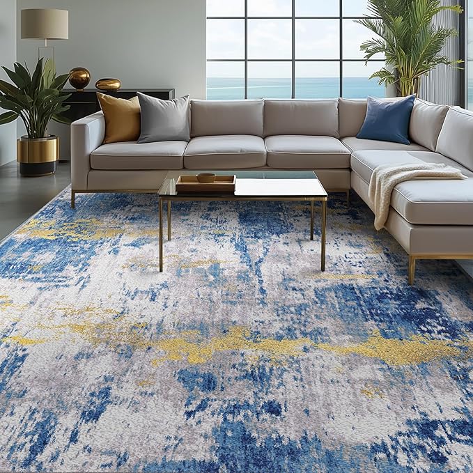 RELEANY Washable 9'x12' Abstract Area Rug for Living Room Blue Gold | carpet for bedroom, kitchen, office, hallway and entryway, printed pattern, non-slip, soft, stain-resistant, easy to clean