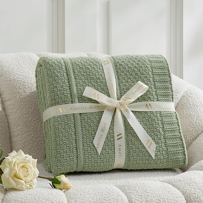 Amélie Home Premium Chenille Throw Blanket, Soft Cozy Moss Stitch Knit Blanket for Couch, Sofa, Chair, Home Decor, Sage Green 50"x60"