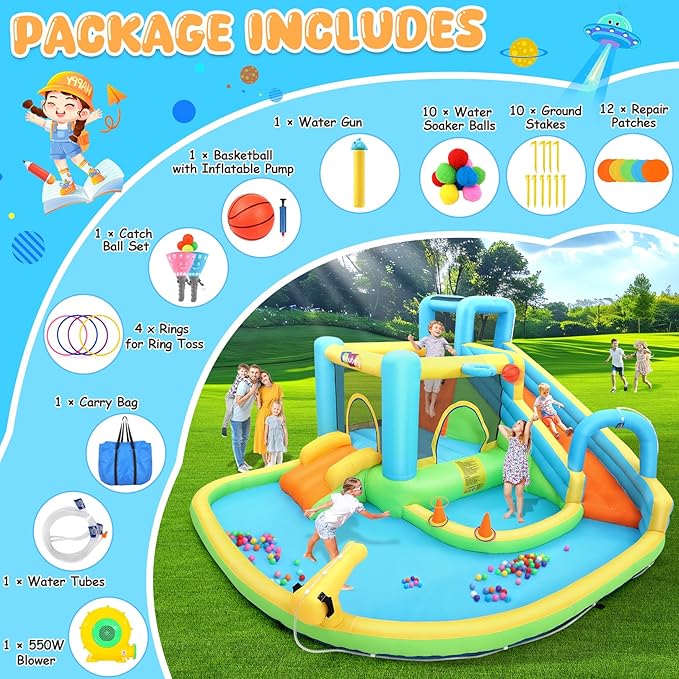 12.8x12FT Water Slide Bounce House for Kids, 12-in-1 Inflatable Water Park with Catch Ball Set/Toss Rings/Water Soaker Balls/Water Gun/Basketball/Splash Pool/Water Cannon/Climbing Wall/Basketball Hoop