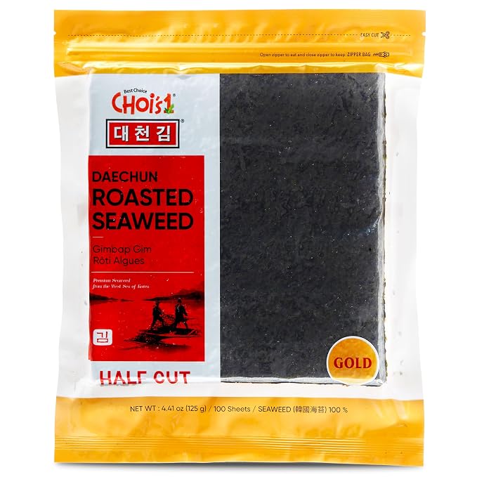 CHOI's 1(Daechun) Roasted Seaweed, GIM, Sushi Nori(100 Half Sheets)/ Resealable, Gold Grade/Product of Korea/Kimbap, Gimbap, Keto, Gluten Free, Full of Fiber, Vitamin, Mineral, High protein