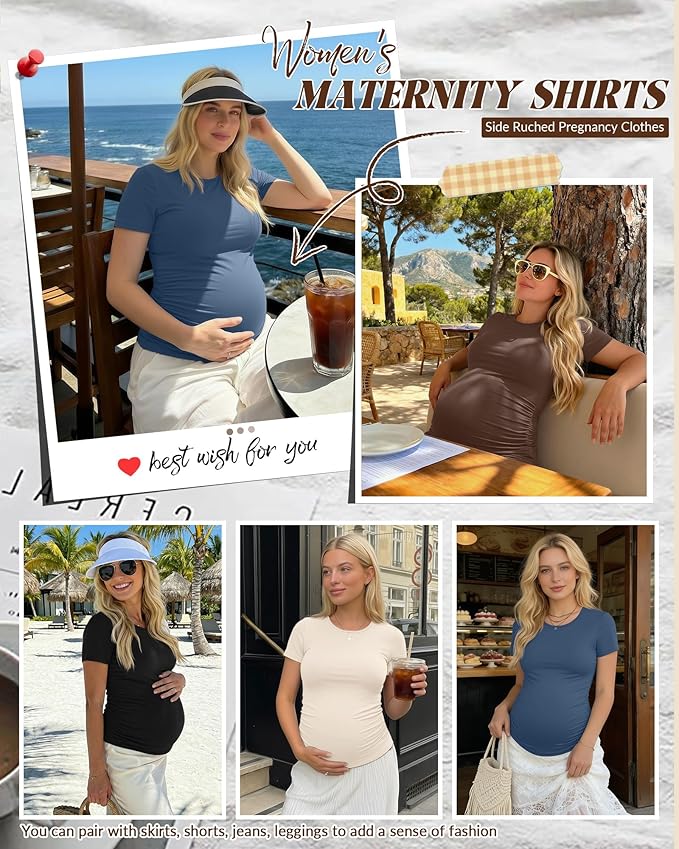 Huukeay 4 Pack Women's Maternity Shirts, Crew Neck Maternity Top Short Sleeve Casual Cotton Tee Side Ruched Pregnancy Clothes
