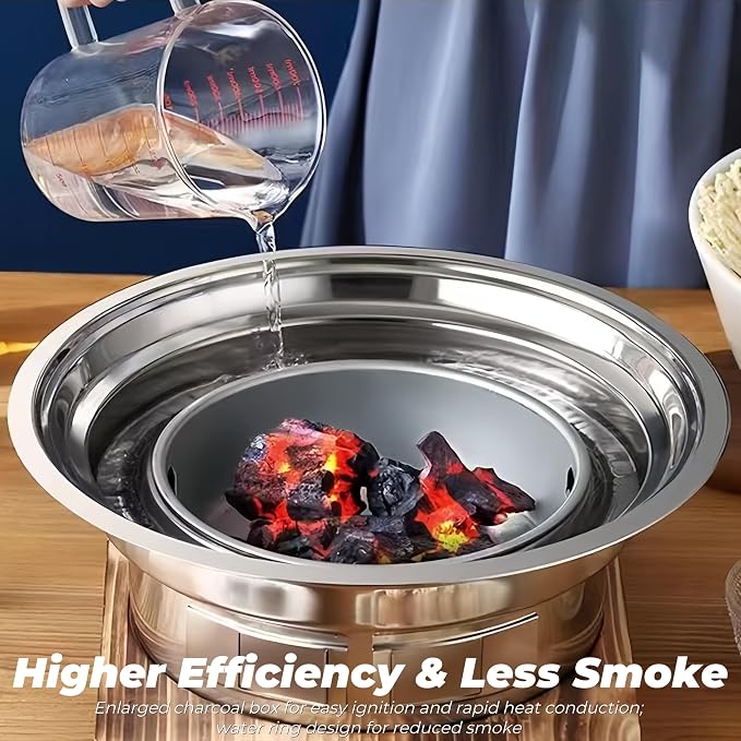 13.7 inch BBQ Charcoal Grill, Stainless Steel Round Korean Barbecue Grill, Portable Indoor Charcoal Grill with Grill Pan & Grill Net, Smokeless, Non-stick, for Indoor Grilling Outdoor Cooking Party