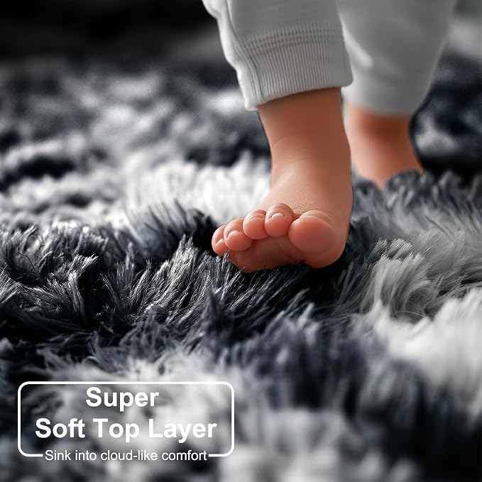 Amdrebio Black White Grey Fluffy Area Rug 5x8 for Living Room Boys Bedroom | Fuzzy Furry Plush Shag Cool Carpet, Classroom Dorm Men Cave Office Playroom Decor, Gothic Aesthetic, Teen Baby Kids Corner