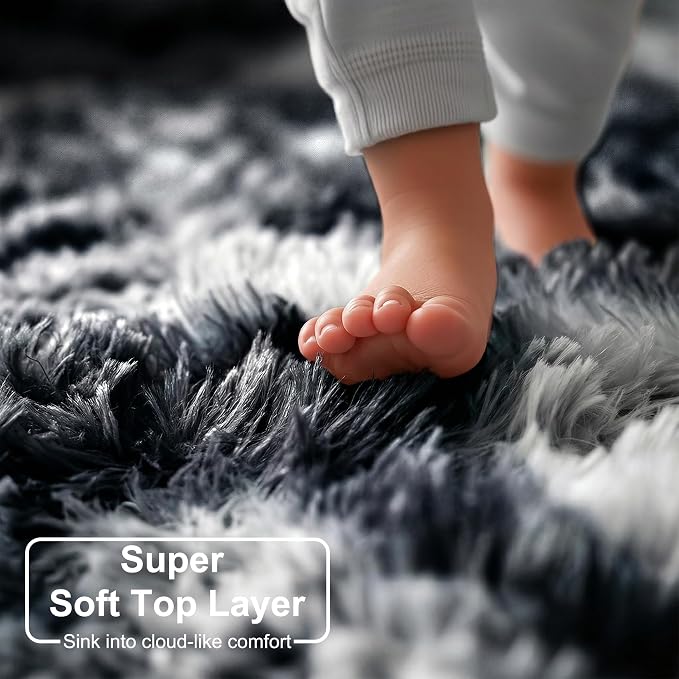Amdrebio Black White Grey Runner Rugs 2x6 for Bedroom Living Room Decor, Fluffy Fuzzy Shag Bedside Area Rug for Kids Room Dorm Home Office, Cool Shaggy Plush Floor Modern Carpet for Teen Boys Men
