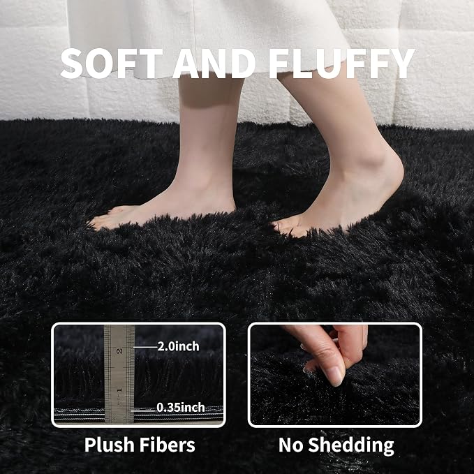 3x5 Black Fluffy Shag Rug for Bedroom, Plush Washable Carpet | Area Rug for Living Room, Kids Nursery, Boys Girls Dorm Room, Non Slip Shaggy Floor Carpet