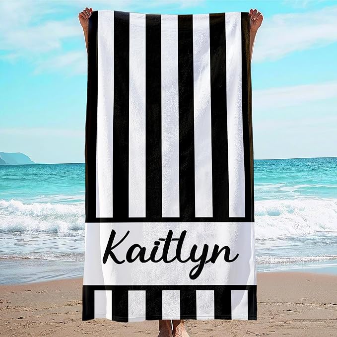 JML Personalized Beach Towel with Name, Custom Cabana Stripe Beach Towel, Customized Microfiber Pool Towel, Quick Dry & Absorbent Swim Towel for Adult,Anniversary, Birthday, Summer Holiday,Vacation