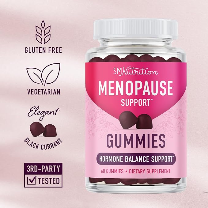 Menopause Support Gummies, Hormone Balance for Hot Flashes & Night Sweats | Mood & Bloating Support, With Phytoestrogen Soy Vitamin D3 PABA Biotin, Vegetarian, Gluten-Free, 60 Black Currant Gummies