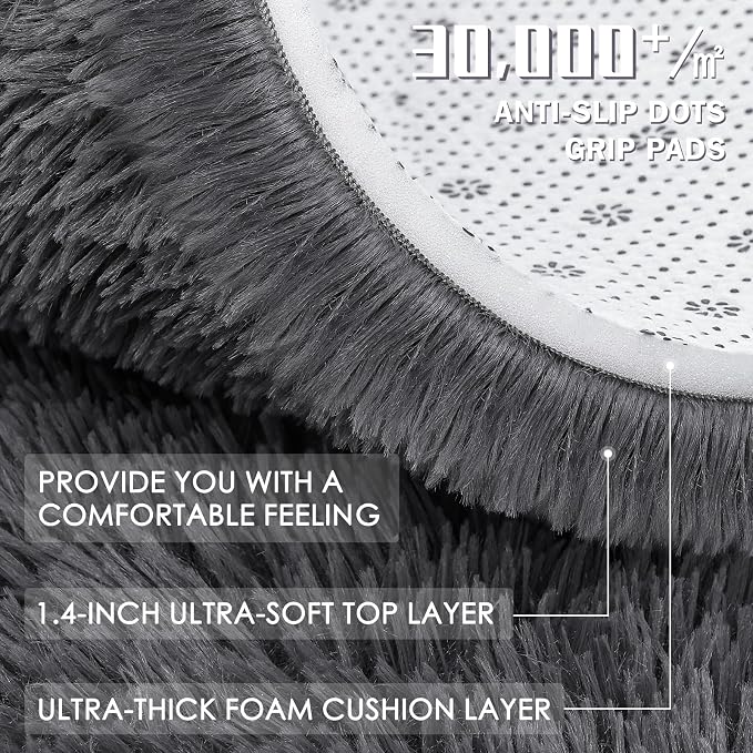 OLANLY Grey Round Rugs for Bedroom - Machine Washable, 4 ft Circle Area Rugs for Living Room, Soft and Fluffy Shaggy Carpet for Teen Girls and Boys, Nursery Rooms, Dorms, Home Decor Aesthetic