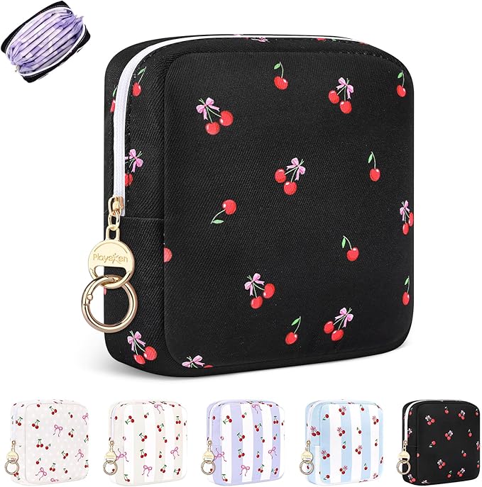 Period Bag for Teen Girls, Canvas Sanitary Napkin Storage Bag with Zipper, Portable Menstrual Pad Bag Tampon Holder for Purse