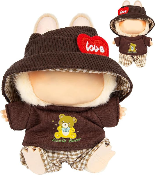 3-Piece Doll Clothes for Labubu & 17cm Dolls – Stylish Fisherman Hat Set, Kawaii Doll Outfits with Accessories for Collectors or Display - Coffee Bear (No Dolls)