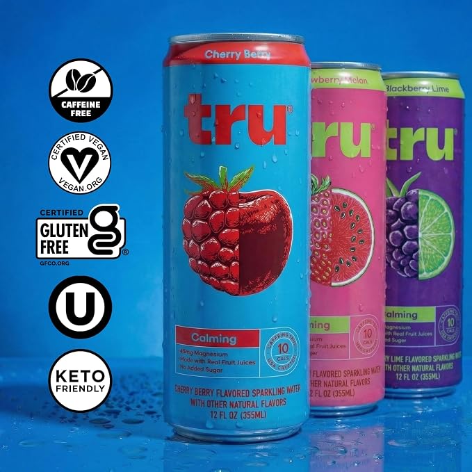Tru Calming Drink Variety Pack, Magnesium Glycinate Sparkling Water with Real Fruit Juice, 3 Flavors, Caffeine Free, No Added Sugar, Keto, Vegan, Kosher, Gluten Free, 12 Fl Oz (Pack of 12)