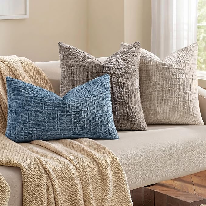 decorUhome Textured Chenille Throw Pillow Covers 18x18 Set of 2 Taupe | Fall Modern Farmhouse Soft Cozy Slubby Couch Pillow Cases Boho Decorative Pillow Cases for Bed Sofa Living Room Home Decor