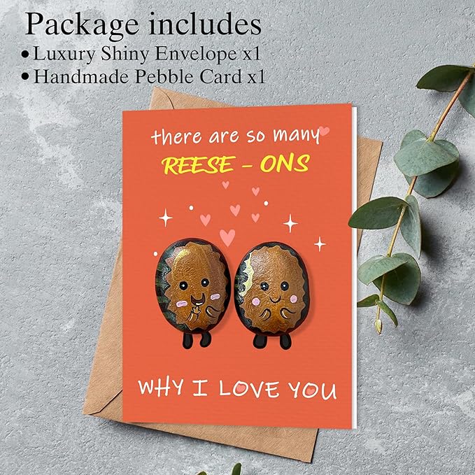 Handmade Pebble Art Reese’s Card – Gift for Reese’s Lovers, Men & Women – Reeses Gift Idea, Accessories & Decor – Reese's Gifts for Boyfriend, Girlfriend, Couples (Reese-On)