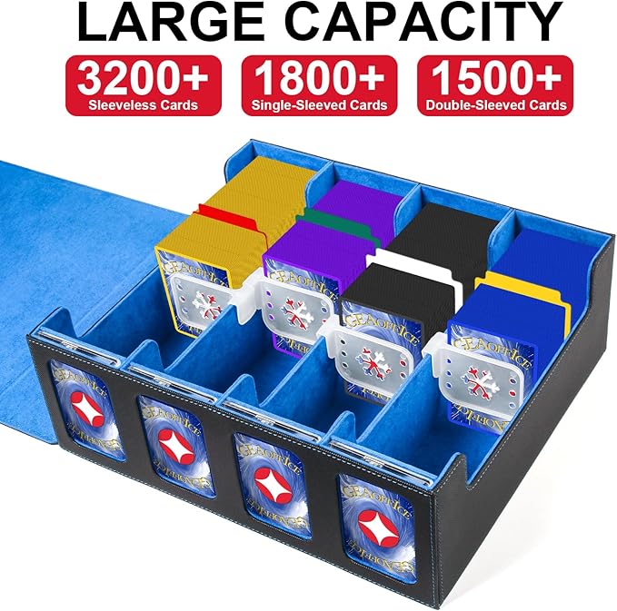 GEAoffice Trading Card Storage Box with Commander Display, 3200+ Card Deck Case with Magnetic Removable Lid, 4-Row Deck Box for MTG/TCG/Sports/Games, 10 Stoppers, 24 Dividers, 1 Dice Tray, Black Blue