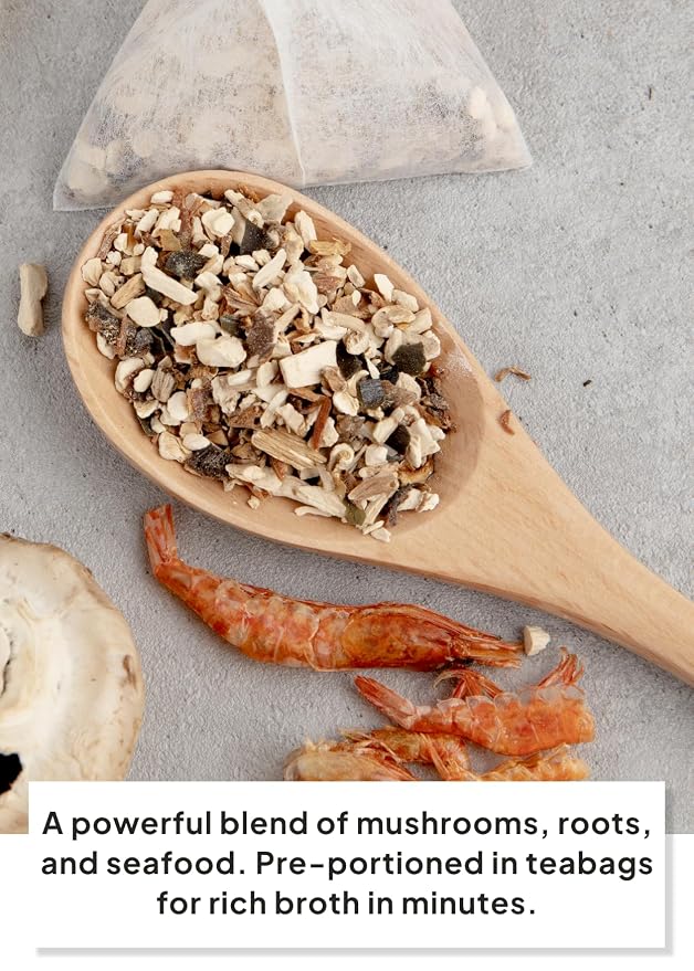 Korean Food All-Purpose Mushroom Seafood Broth Stock Bags 10 Packs 50g | All-purpose mushroom and seafood broth stock bags with rich umami flavor for soups, stews, and noodles. Includes 10 packets.