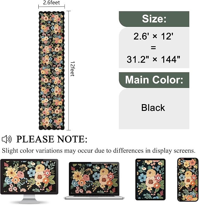 DUKINO 2.6x12 Washable Runner Rug, Floral Non Slip Long Kitchen Rug, Black | Low Pile, Stain Resistant, Soft Throw Rugs Runner for Hallway, Entryway, Bedroom, Bathroom, Modern Home Decor, Non-Shedding