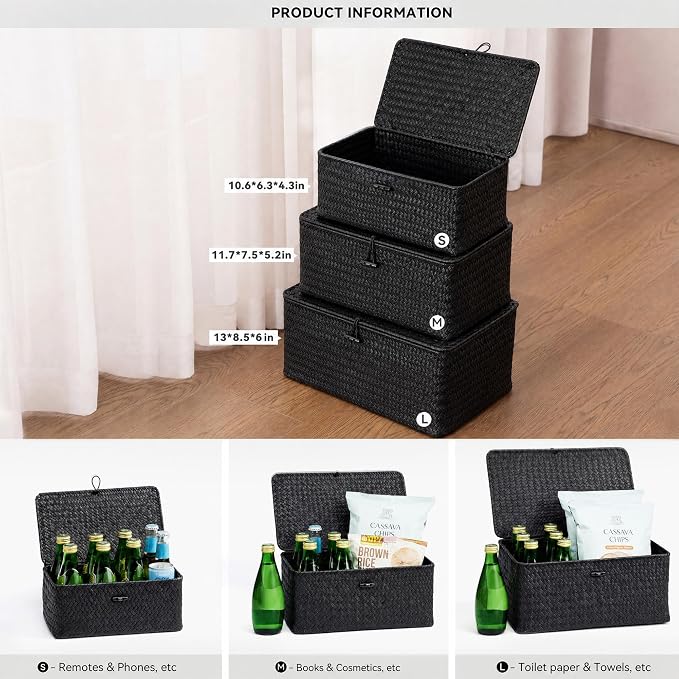 Nonam Storage Basket with Lid, Natural Seagrass Bin with Lid Set of 3, Shelf Baskets Multipurpose Container for Boho Decoration, Rectangular Household Storage Boxes for Home Organization-Black
