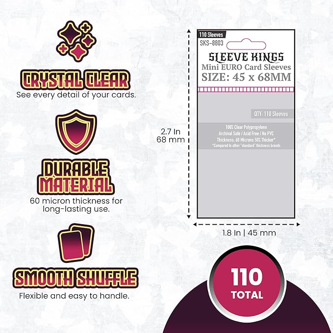 Sleeve Kings Mini Euro Card Sleeves 45 x 68 mm – 110 Pack, Extra Clear 60 Micron Polypropylene, Acid-Free, PVC-Free – SKS-8803