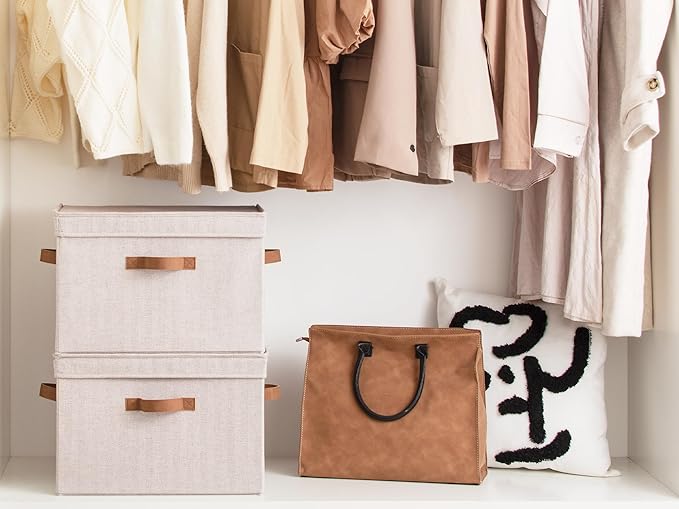 StorageWorks Fabric Storage Bins with Lids, Large Closet Storage Bins | Flip-Top Lid, 3 Handles, Collapsible, Stackable, for Clothes Blankets, Multi-Purpose, Jumbo, Brown and Beige, 2-Pack