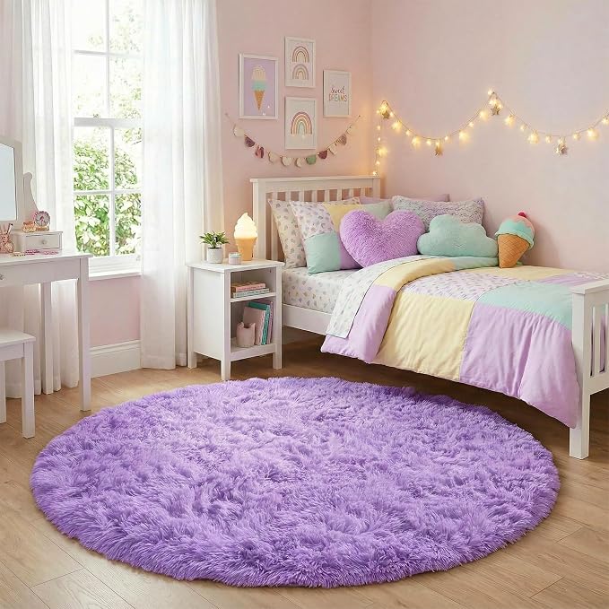 Amdrebio Purple Small Round Rug 3Ft for Girls Bedroom Decor Aesthetic, Fluffy Fuzzy Circle Area Rugs for Kids Room, Soft Cute Furry Plush Shaggy Throw Lavender Carpet for Playroom, Baby Nursery, Dorm