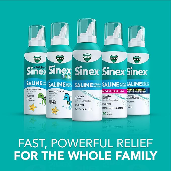 VICKS Sinex Saline Extra Strength Nasal Spray, 3X Concentrated* Drug Free Ultra Fine Mist, Instantly Clears Mucus, Ultra Concentrated to Clear Congestion Fast, Safe For Daily Use, 5 OZ x 2