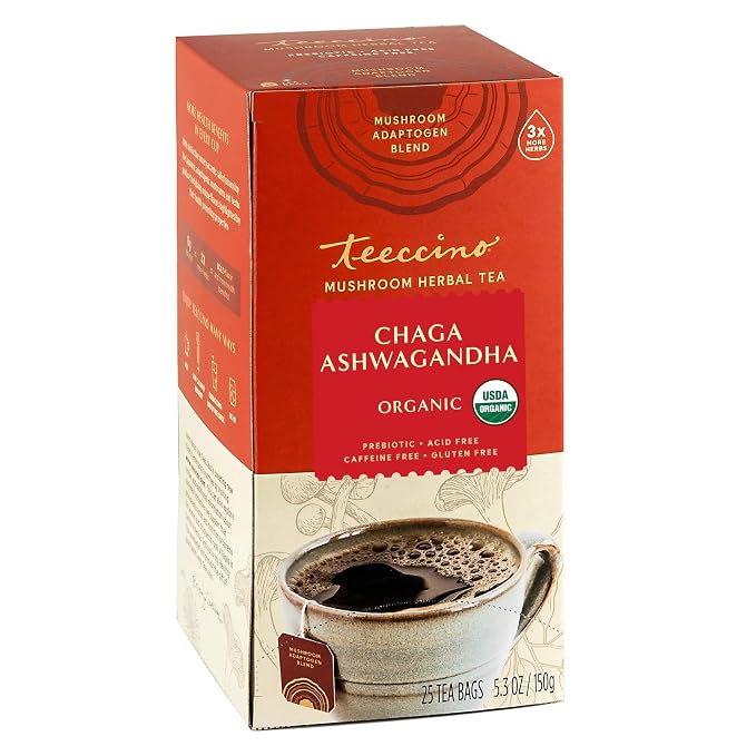 Teeccino Chaga Ashwagandha Tea - Butterscotch Cream - Organic Mushroom Adaptogenic Herbal Tea, 3x More Herbs than Regular Tea Bags, Prebiotic, Caffeine Free, Gluten Free - 25 TeaBags