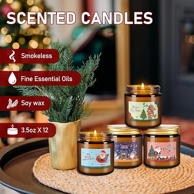12 Pack Christmas Scented Candle Gift Set, Jar Candle Set (3.5 oz) | Premium Natural Soy Wax Candle,Clean-Burning & Long-Lasting,The Ultimate Christmas Gift & Holiday Decor