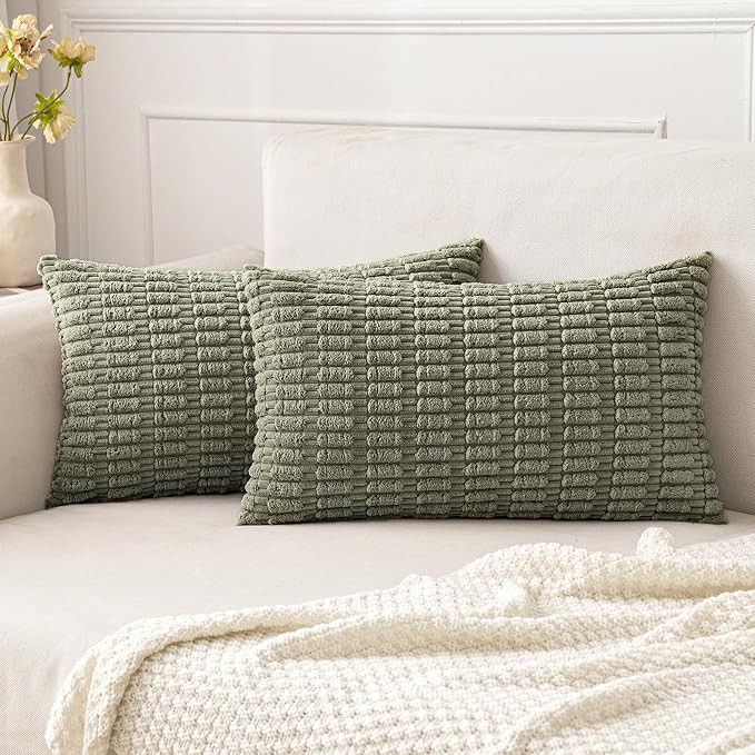 MIULEE Lumbar Corduroy Decorative Throw Pillow Covers 12x20 Light Olive | Green Pack of 2 Soft Boho Striped Pillow Covers Modern Farmhouse Home Decor For Sofa Living Room Couch Bed