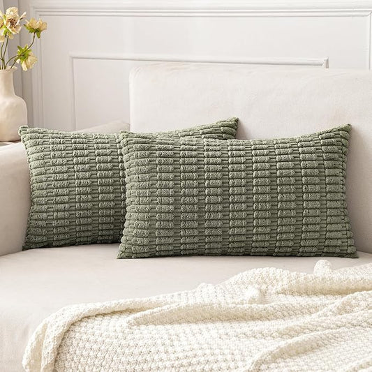 MIULEE Lumbar Corduroy Decorative Throw Pillow Covers 12x20 Light Olive | Green Pack of 2 Soft Boho Striped Pillow Covers Modern Farmhouse Home Decor For Sofa Living Room Couch Bed
